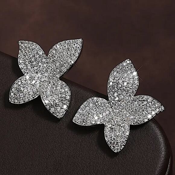 Silver Zircon Flower Pave Earrings Floral Luxury - Picture 3 of 4